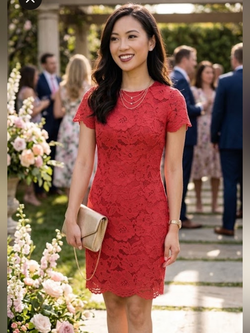 LAUREN RALPH LAUREN Red scalloped lace dress. Mini lace short sleeve size 0P EUC